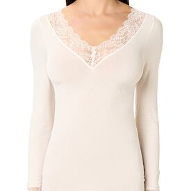 Damenshirt Langarm mit Kaschmir, Spitze, weiß