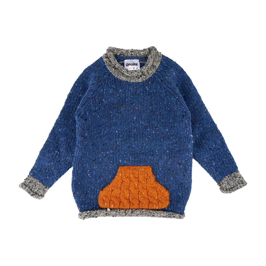 Kinder Wollpullover mit Tasche blau