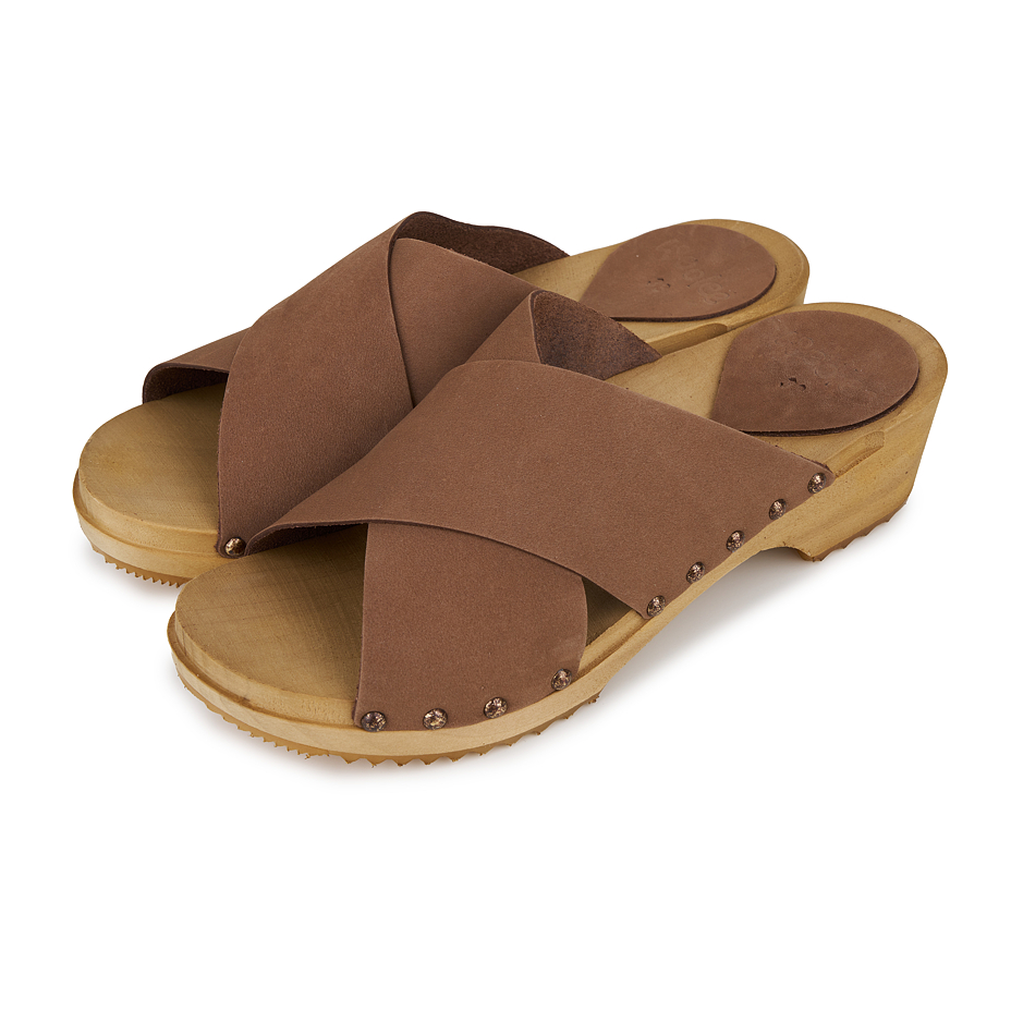 Damen Sommer Lederclogs mit Nieten, Braun