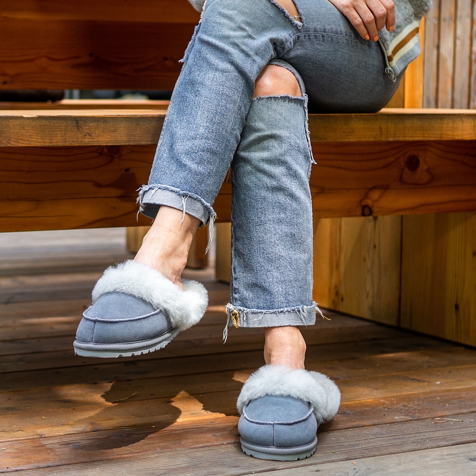 Damenpantoffeln aus Leder mit Schafwolle Vanesa blau
