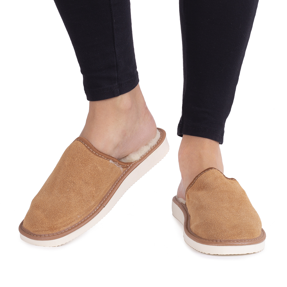 Lederpantoffeln mit Schafwolle für Damen